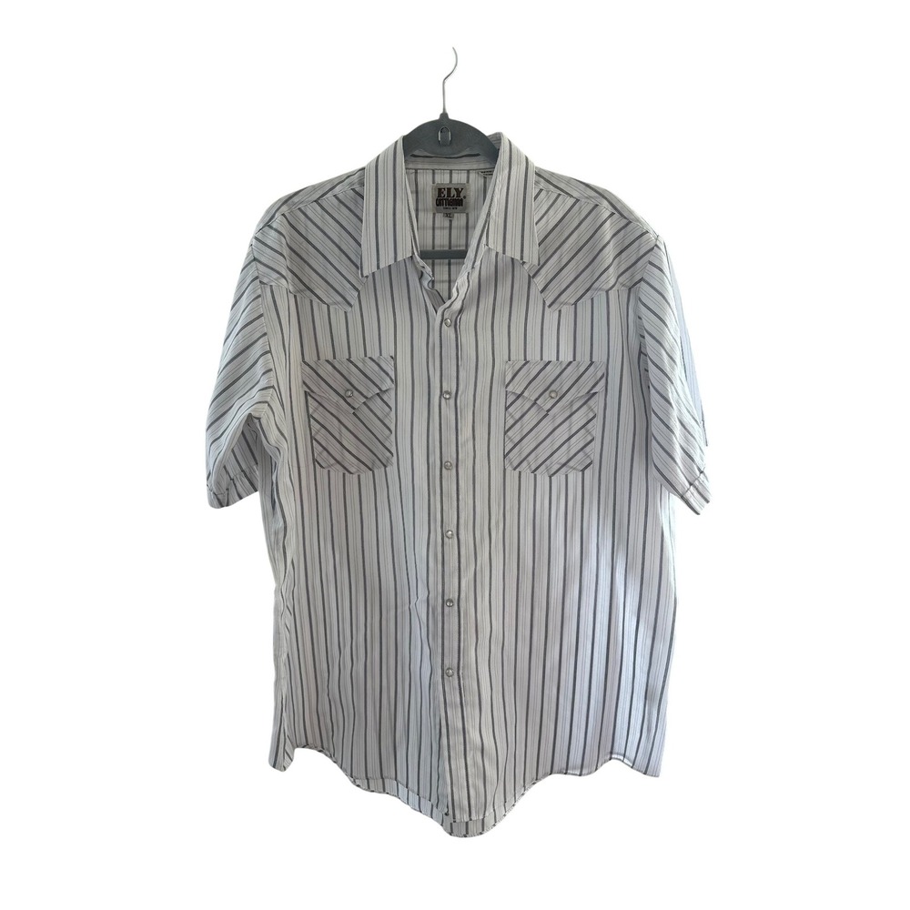 Ely Cattleman Mens XL White Striped Short Sleeve Western Pearl Snap Shirt